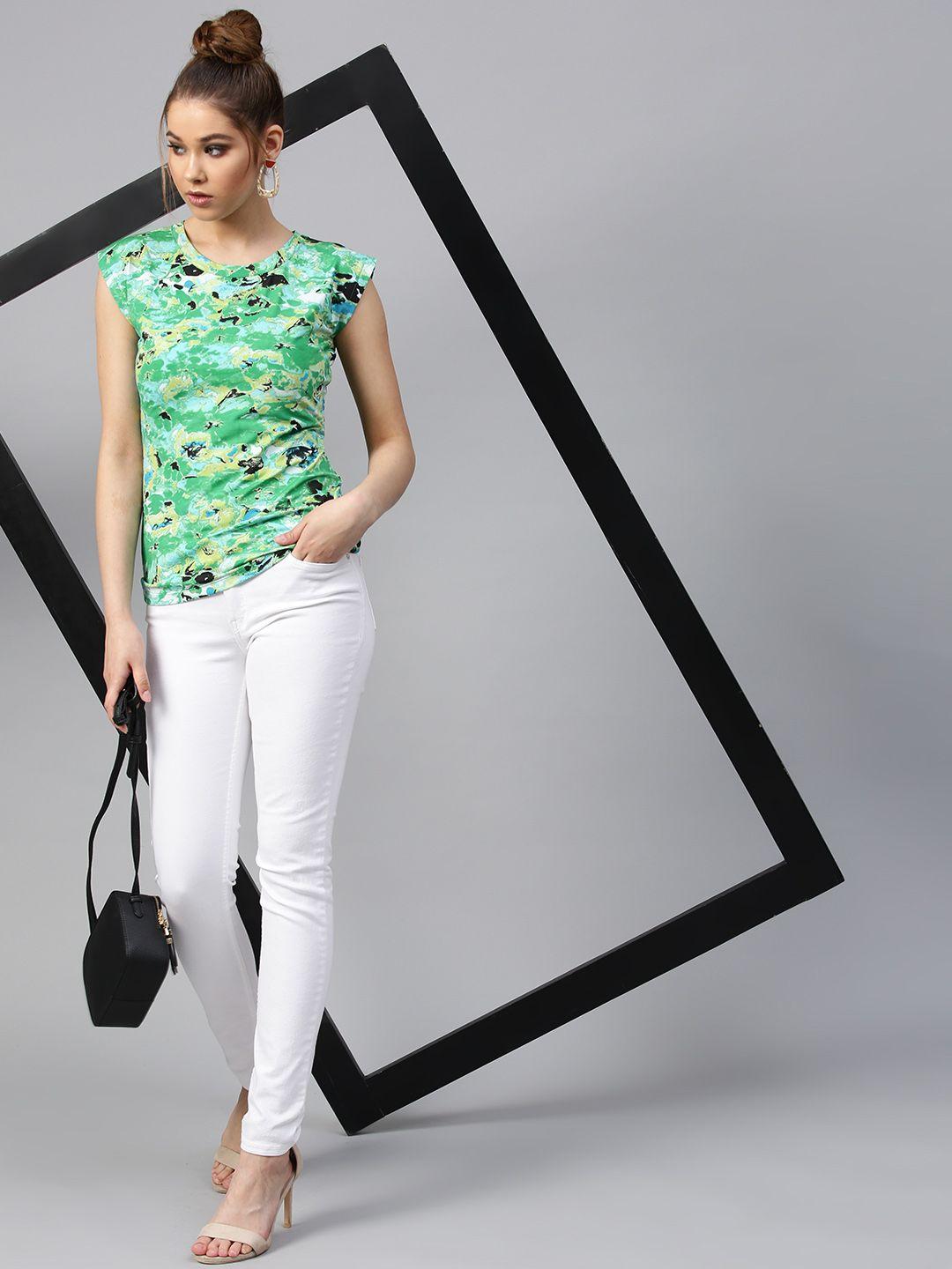 street 9 women green printed round neck t-shirt