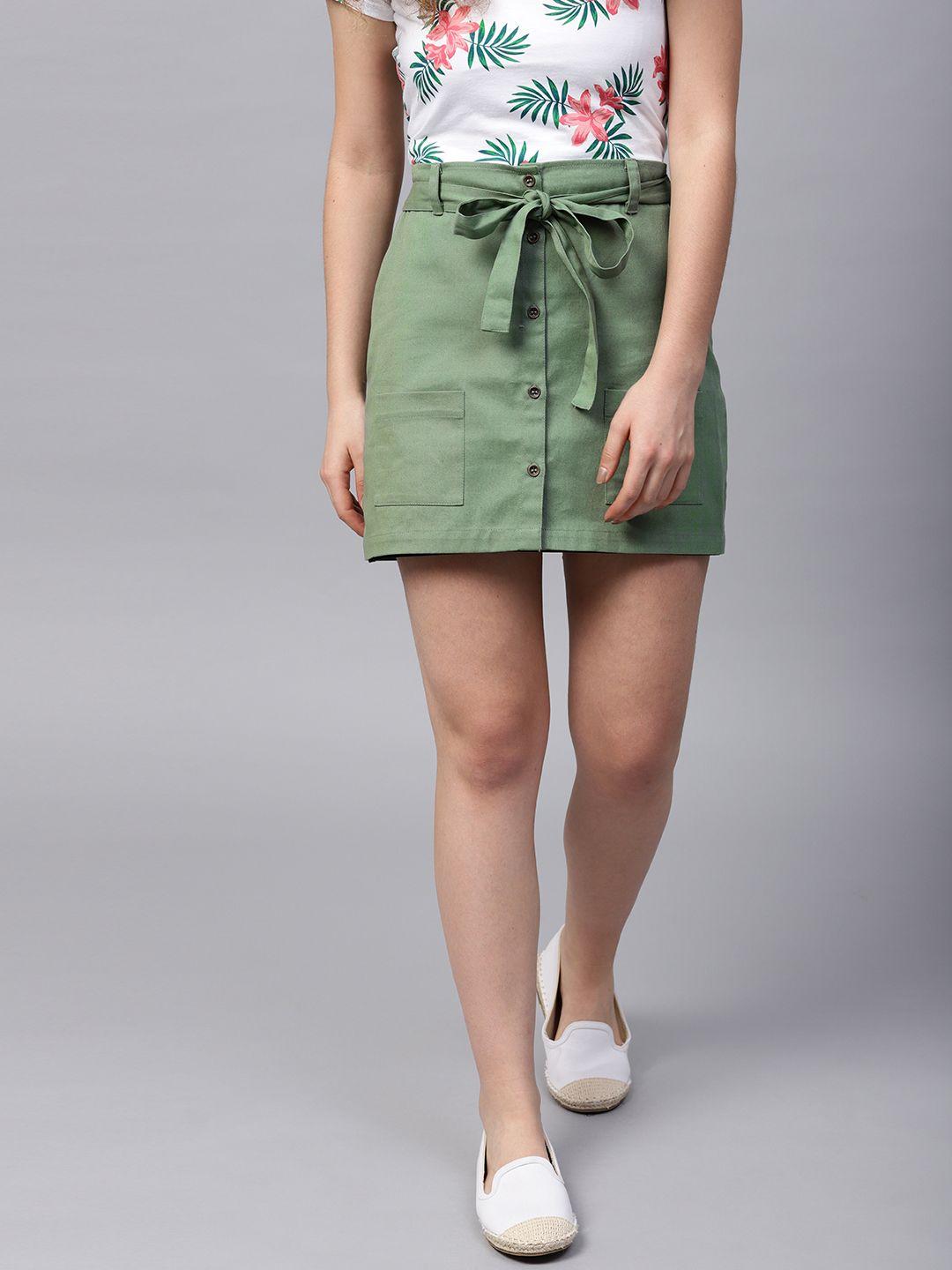 street 9 women green solid a-line pure cotton skirt