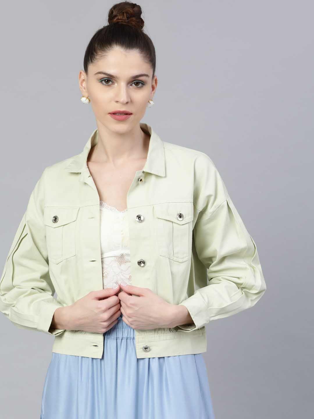 street 9 women green solid denim jacket