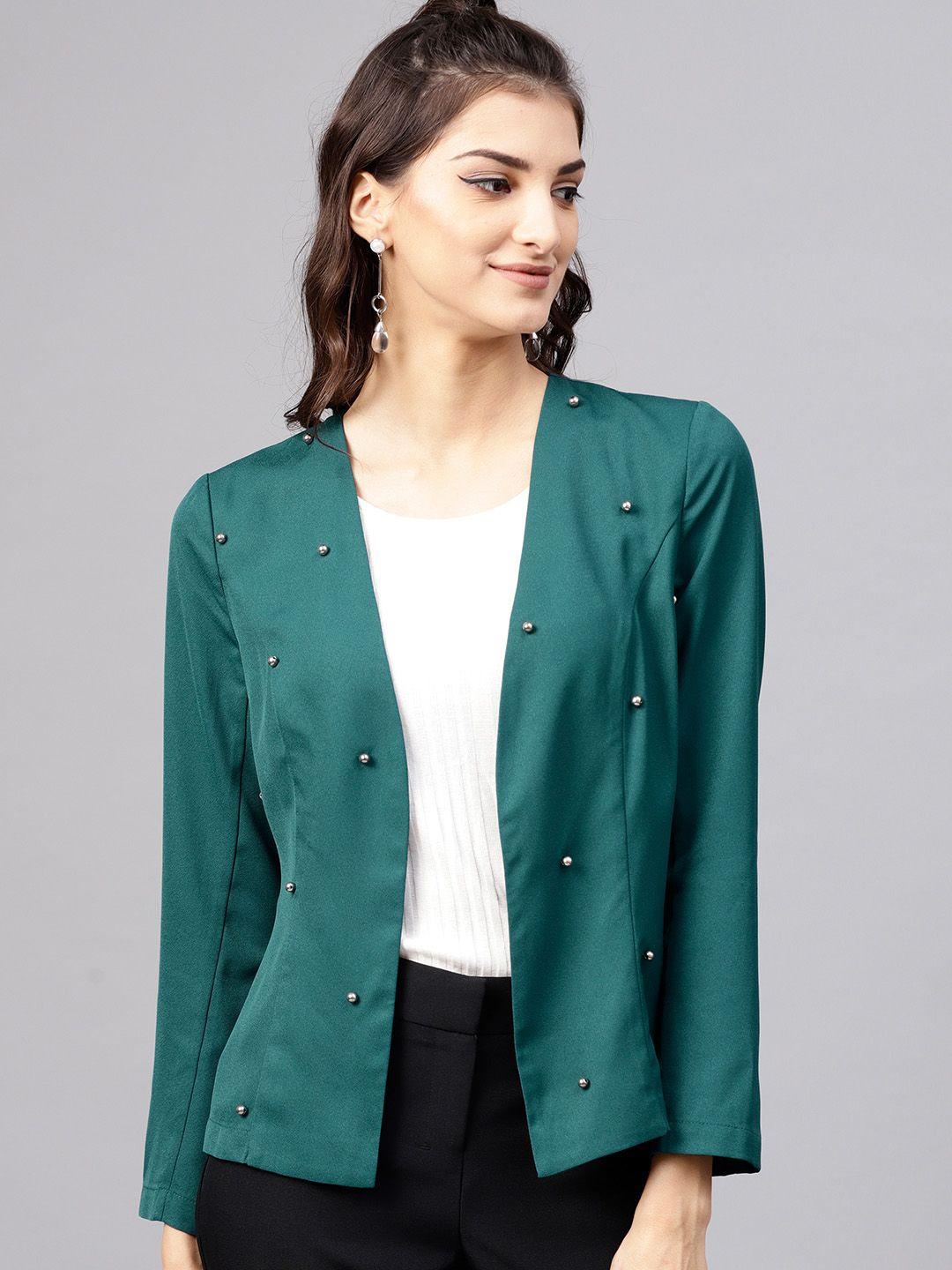 street 9 women green solid open front shrug with embellished detail