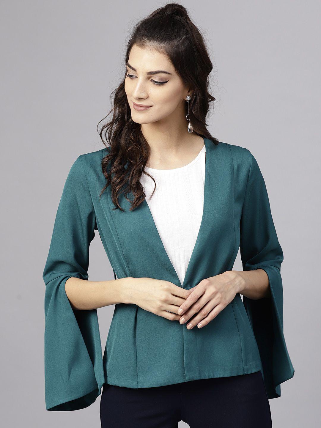 street 9 women green solid open front shrug