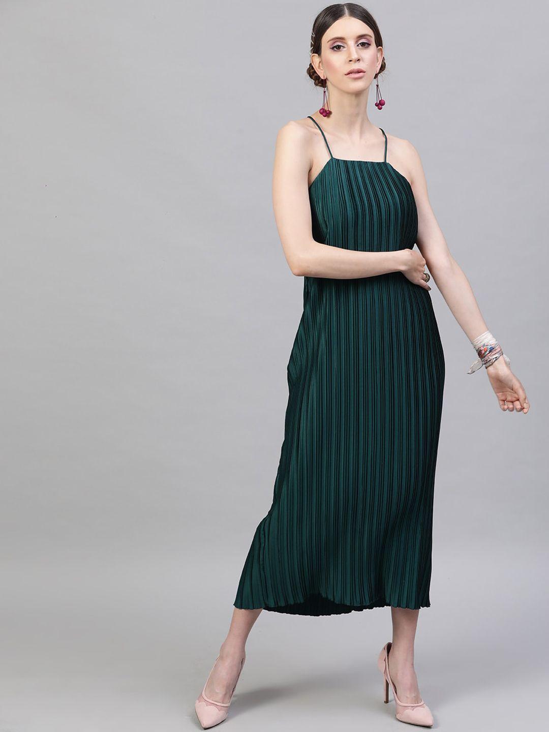 street 9 women green solid satin accordion pleated a-line dress