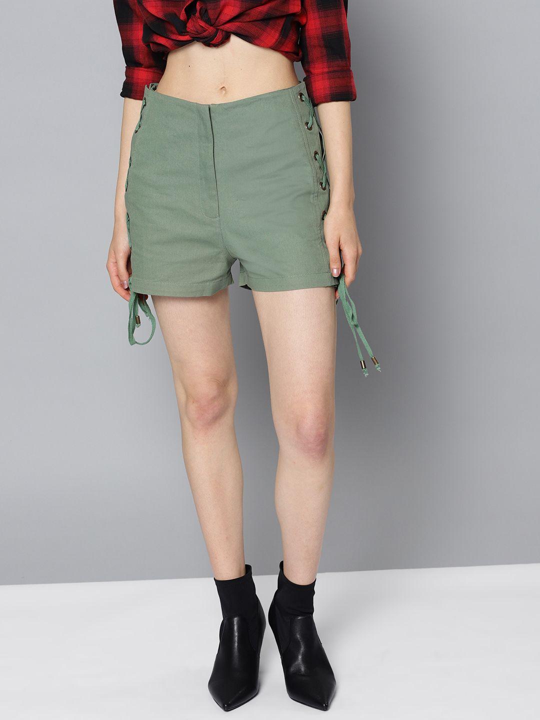 street 9 women green solid slim fit lace-up shorts