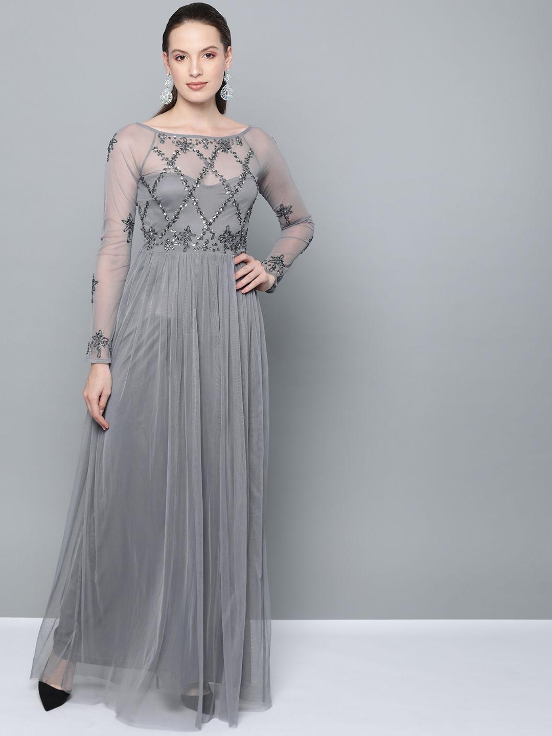 street 9 women grey embellished semi-sheer net maxi dress