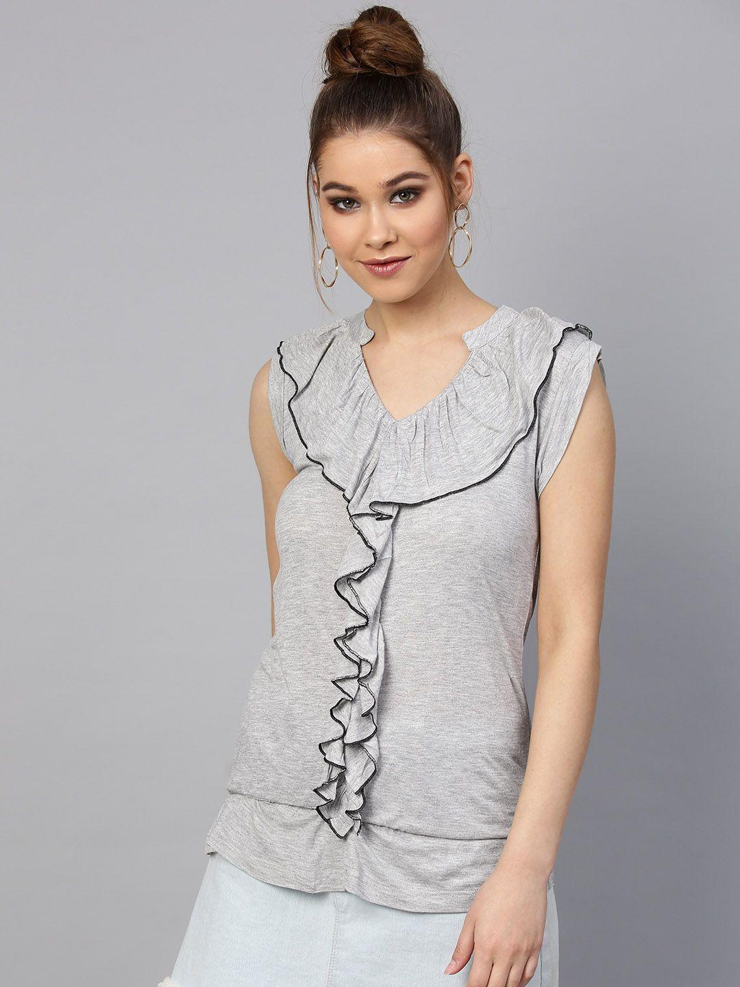 street 9 women grey melange ruffled solid top