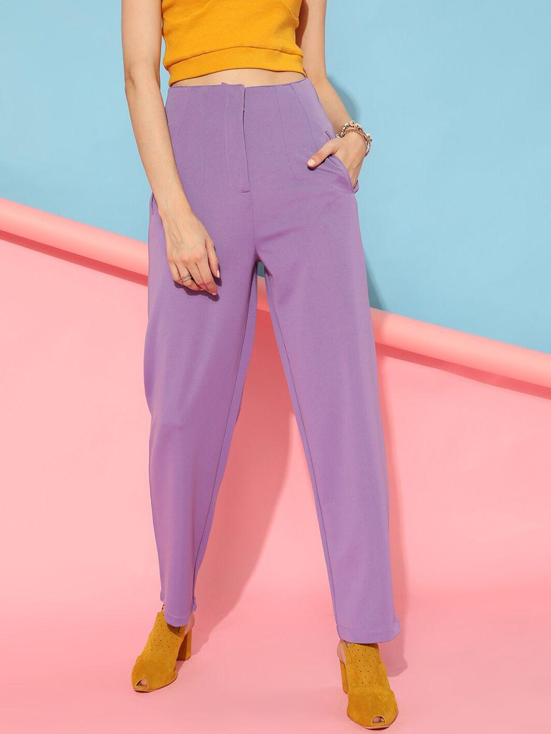 street 9 women lavender slim fit solid high-rise trousers