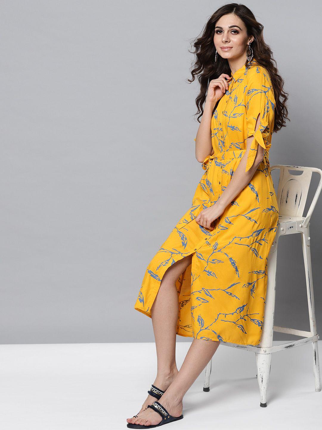 street 9 women mustard & blue yellow printed shirt dress