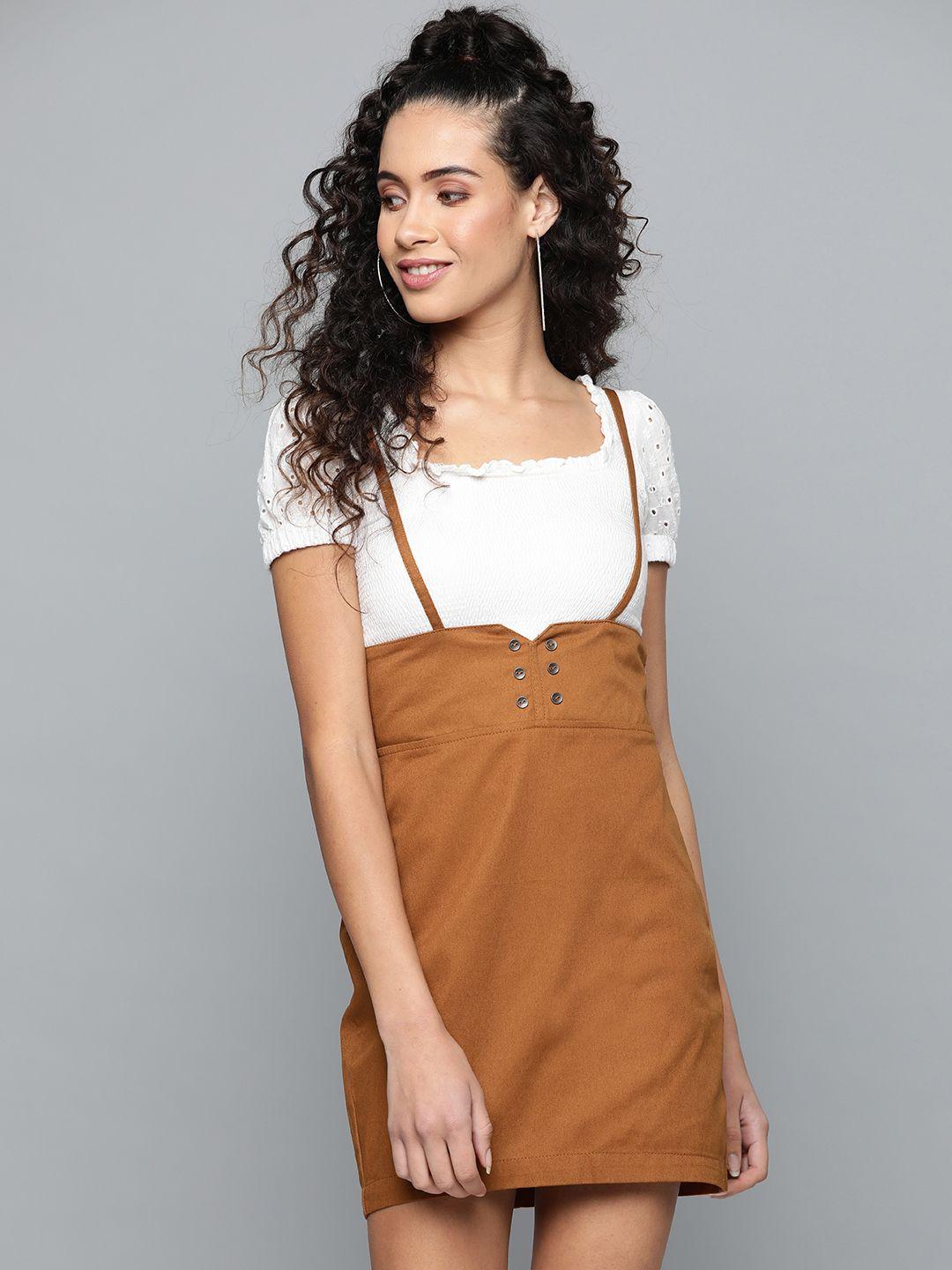street 9 women mustard brown solid a-line skirt with suspenders