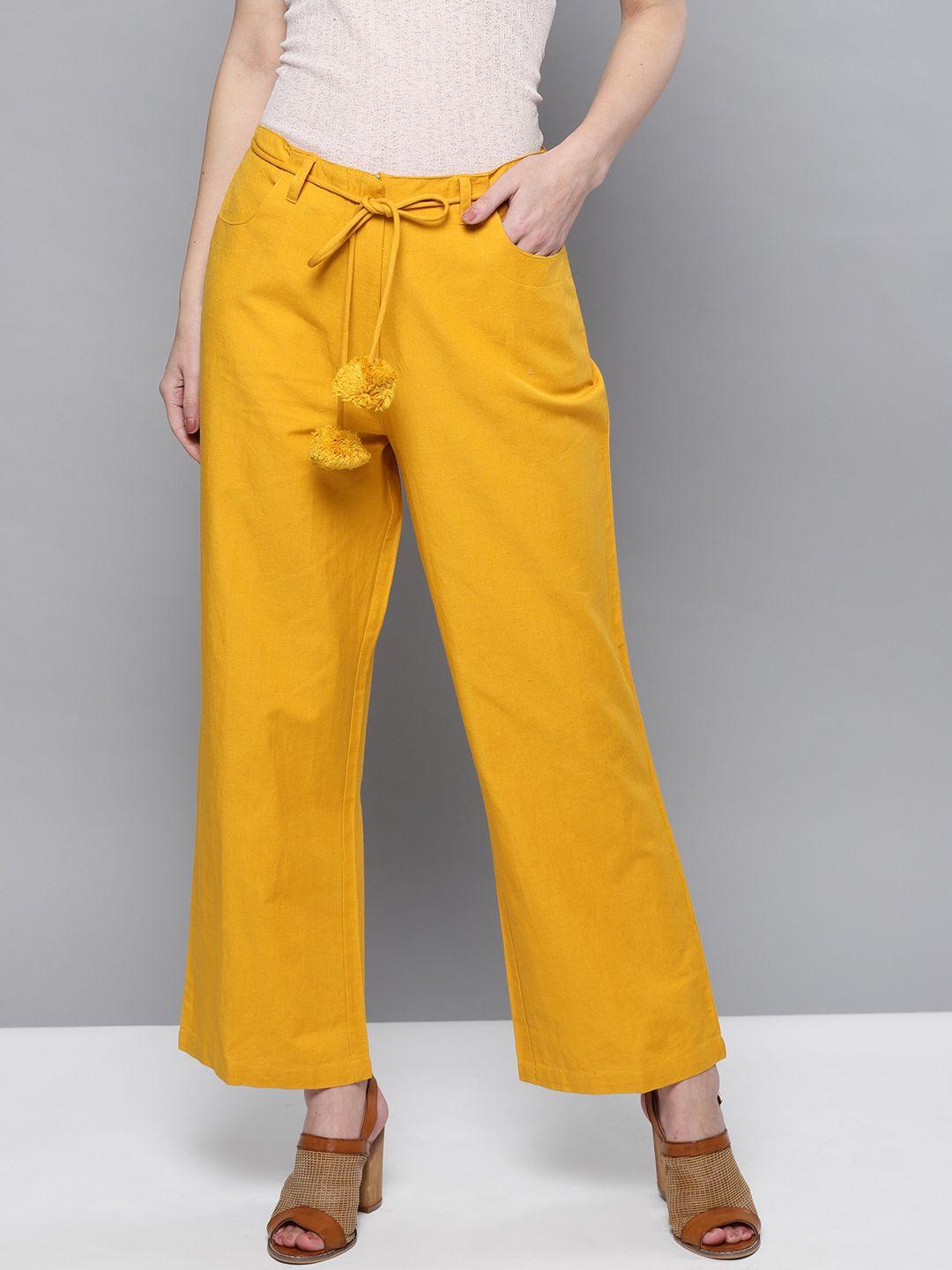 street 9 women mustard loose fit solid parallel trousers