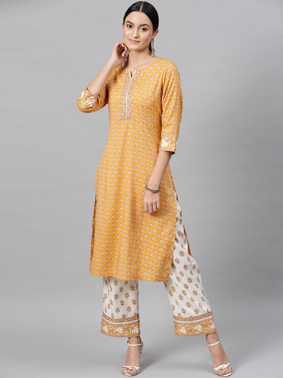 street 9 women mustard yellow & cream-coloured printed kurta with trousers