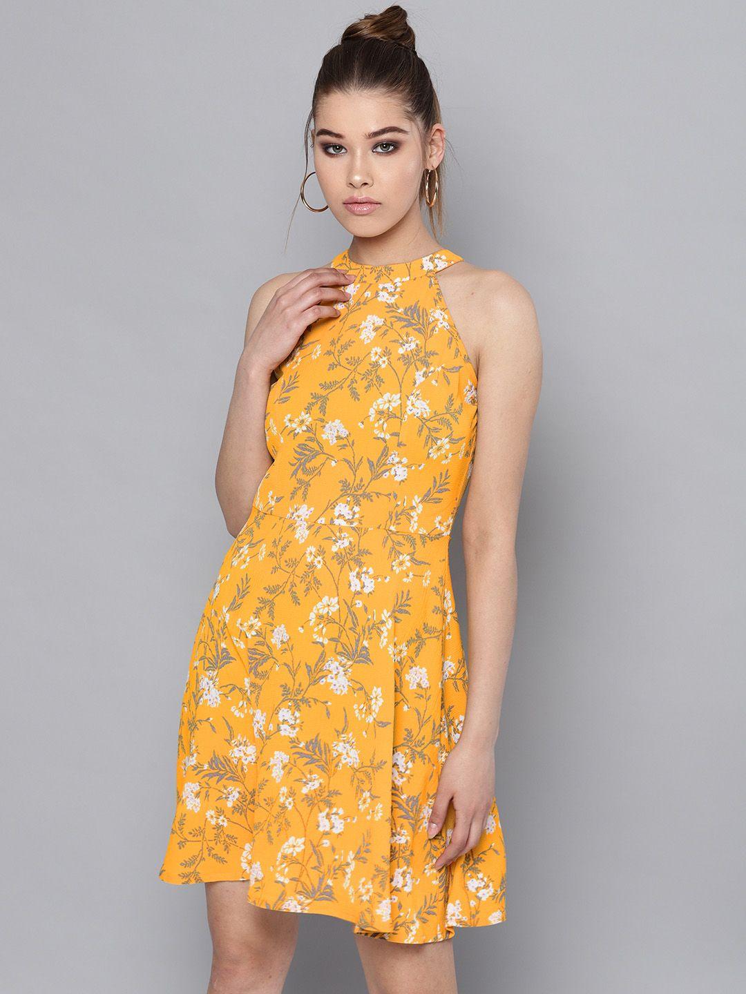 street 9 women mustard yellow & grey printed fit & flare dress