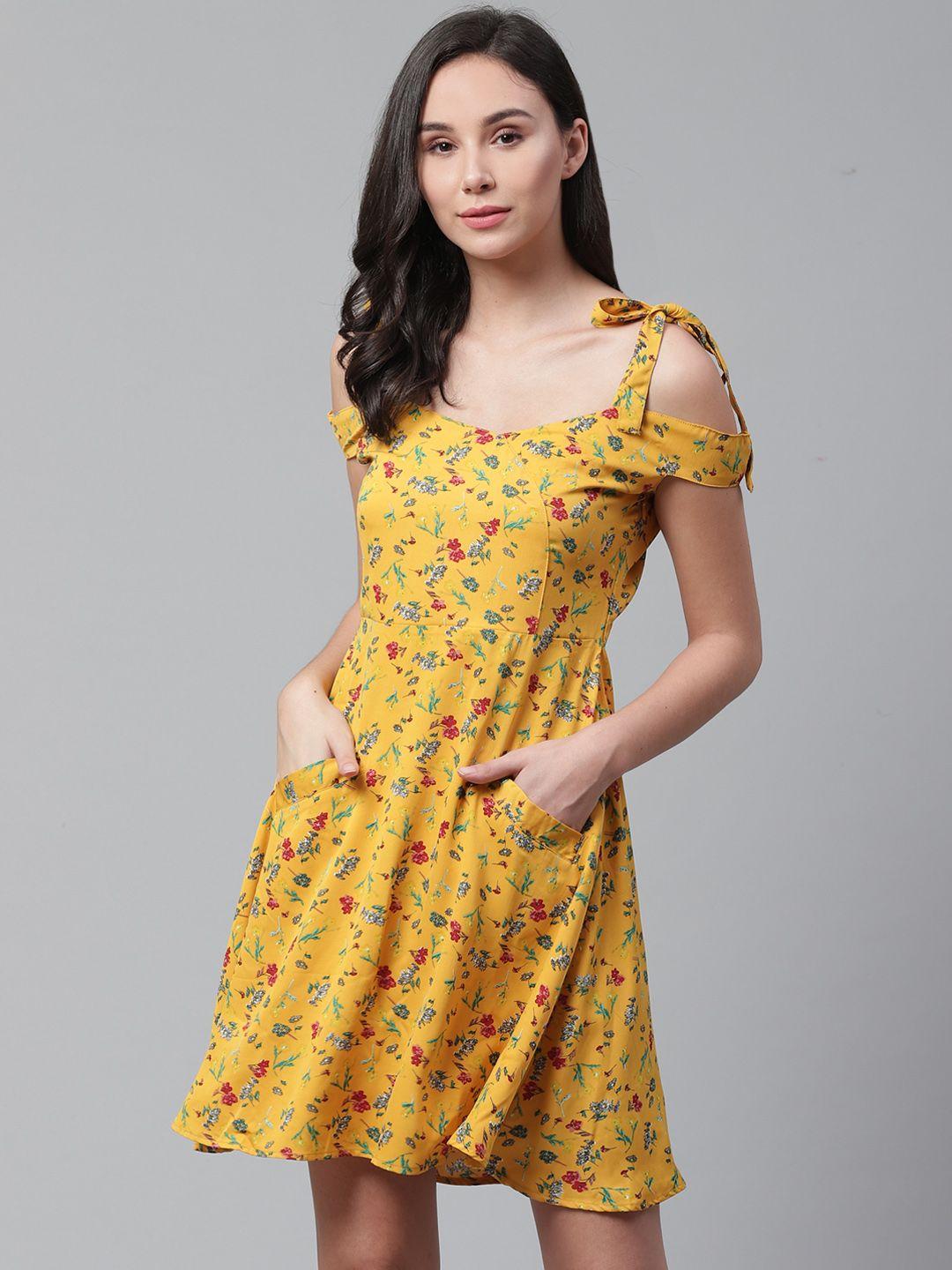 street 9 women mustard yellow & red floral printed satin finish printed fit an flare dress
