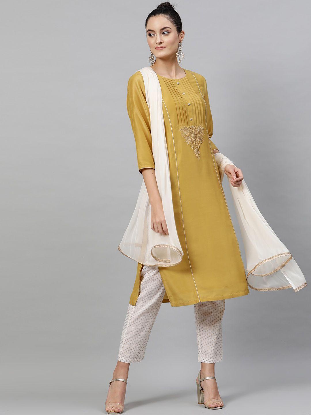 street 9 women mustard yellow & white solid kurta with trousers & dupatta
