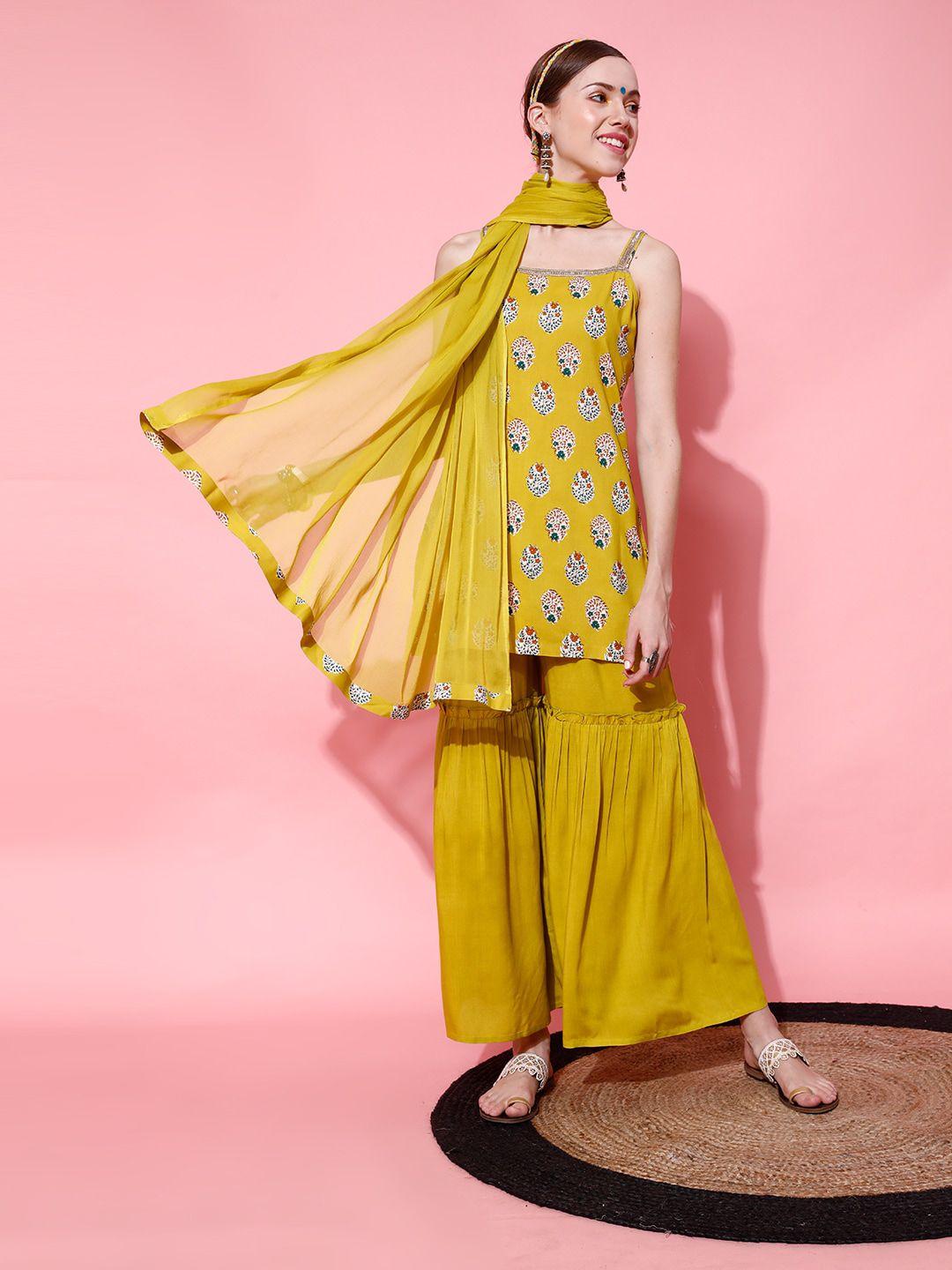 street 9 women mustard yellow floral embroidered kurti with palazzos & with dupatta