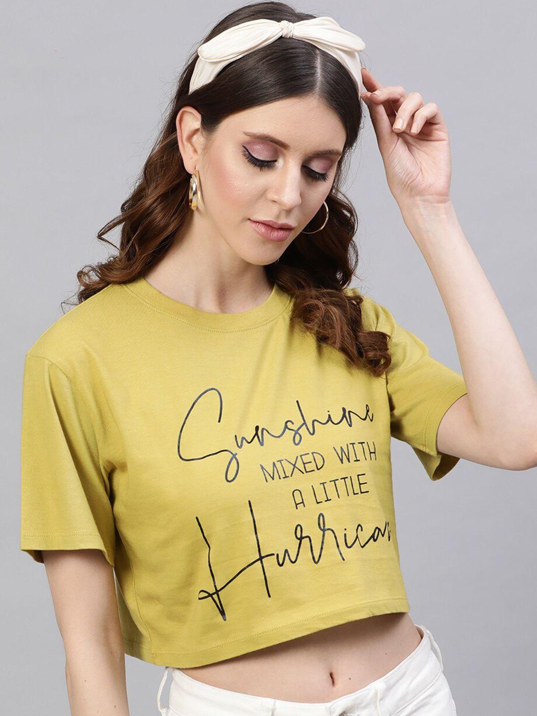 street 9 women mustard yellow printed round neck pure cotton crop pure cotton t-shirt