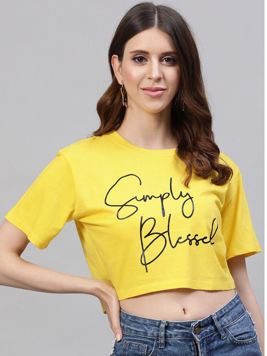 street 9 women mustard yellow printed round neck pure cotton crop pure cotton t-shirt