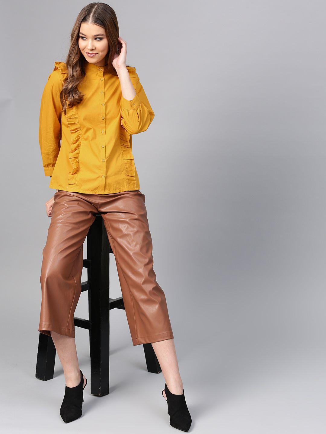 street 9 women mustard yellow regular fit solid casual shirt