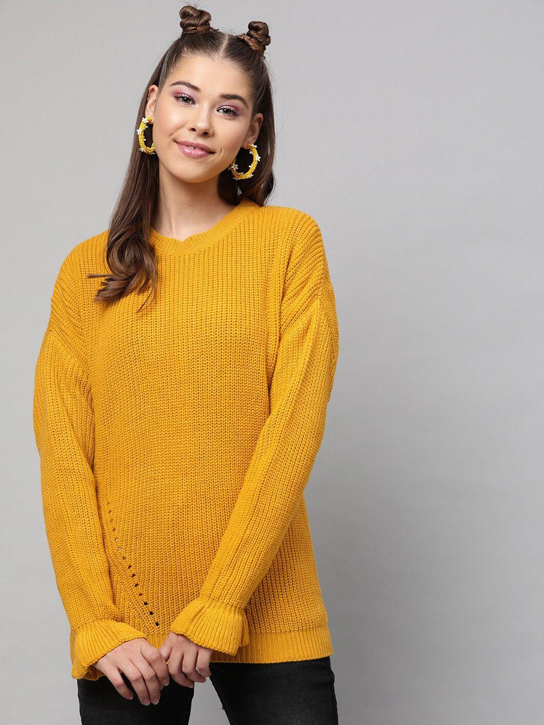 street 9 women mustard yellow self design pullover acrylic sweater