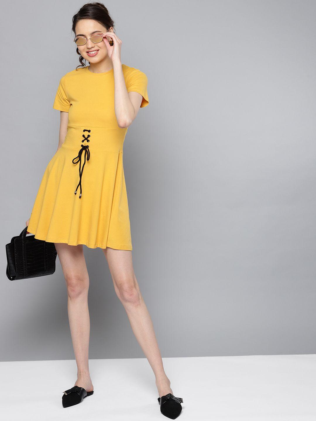 street 9 women mustard yellow solid fit and flare dress