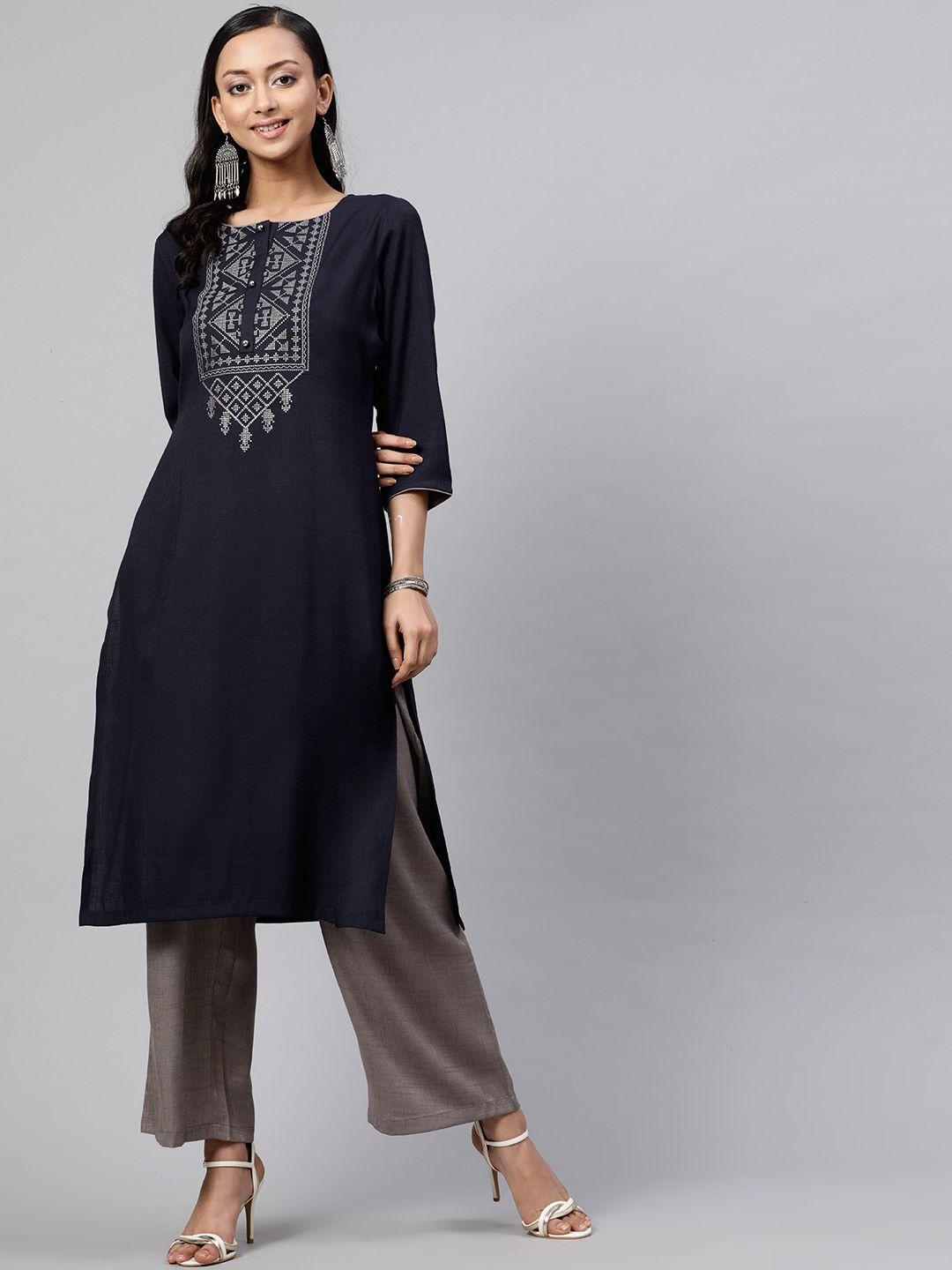 street 9 women navy blue & grey yoke design kurta with palazzos