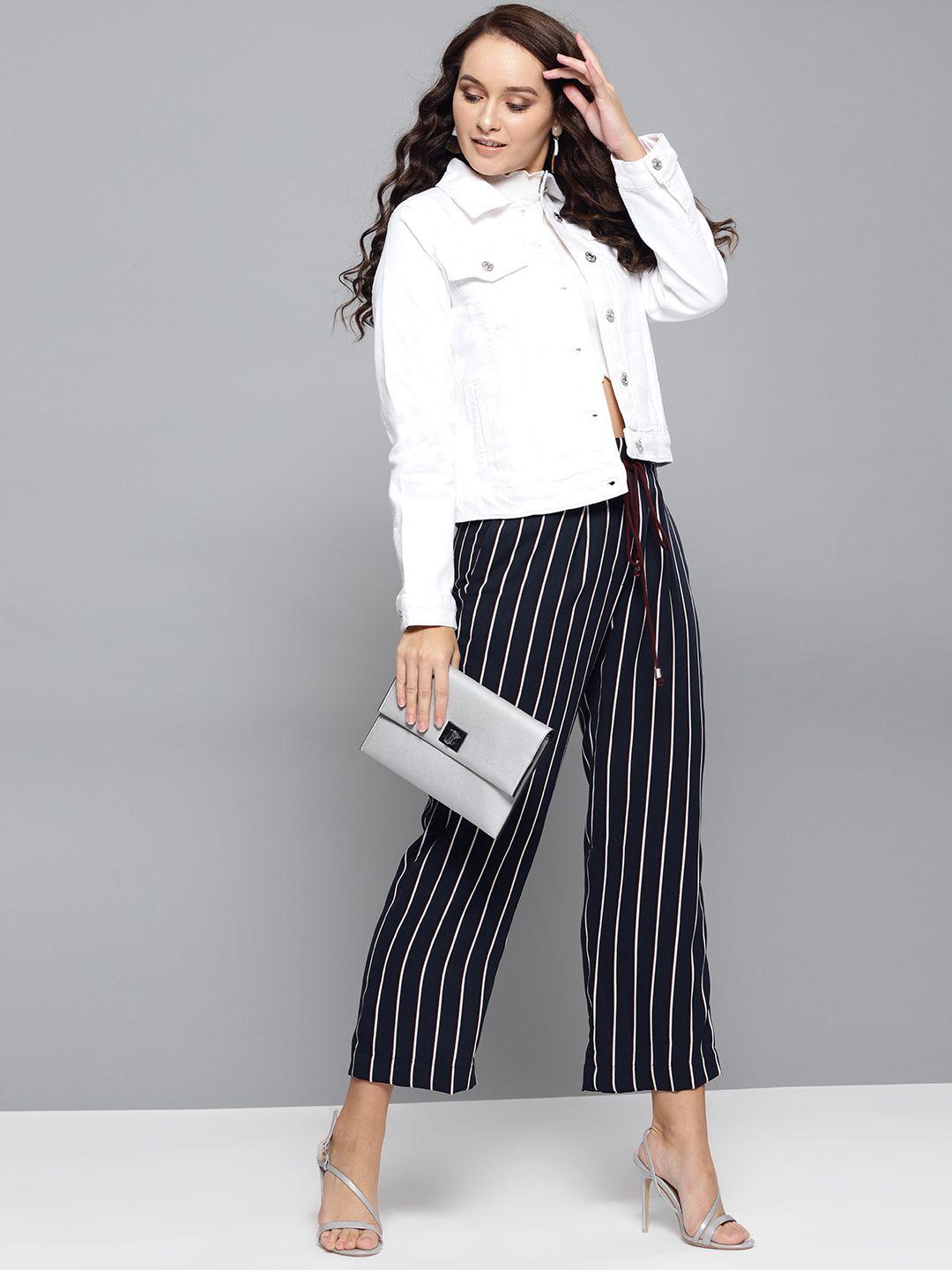 street 9 women navy blue & off-white regular fit striped parallel trousers