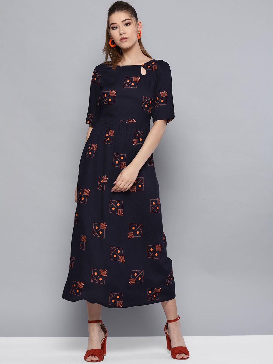 street 9 women navy blue & orange printed a-line dress