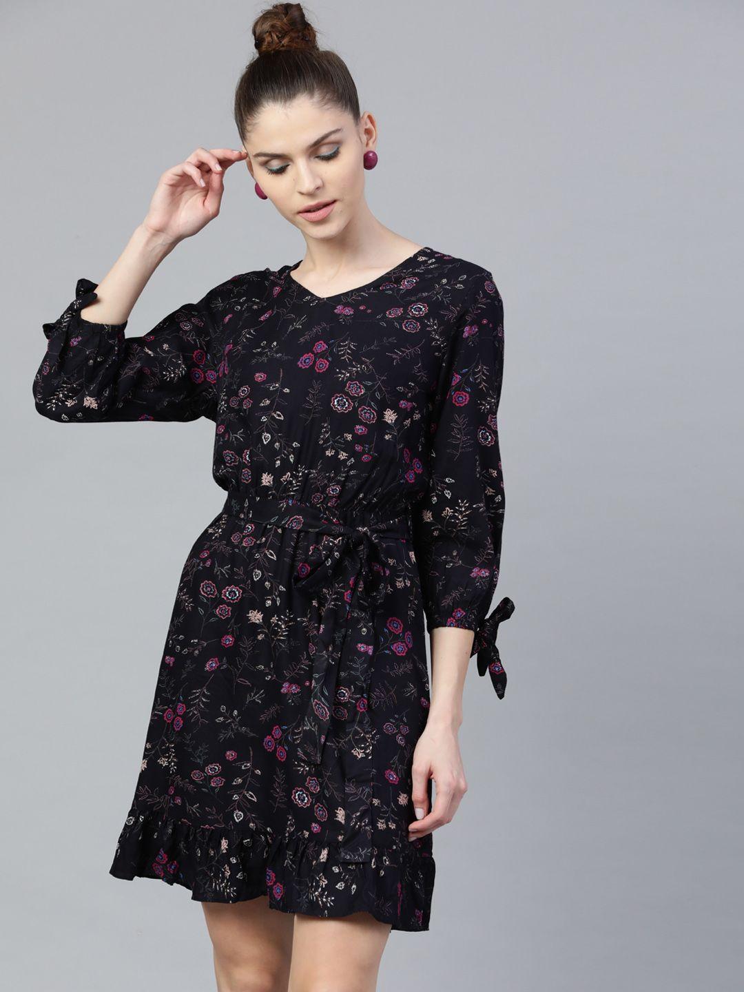 street 9 women navy blue & pink floral print fit and flare dress