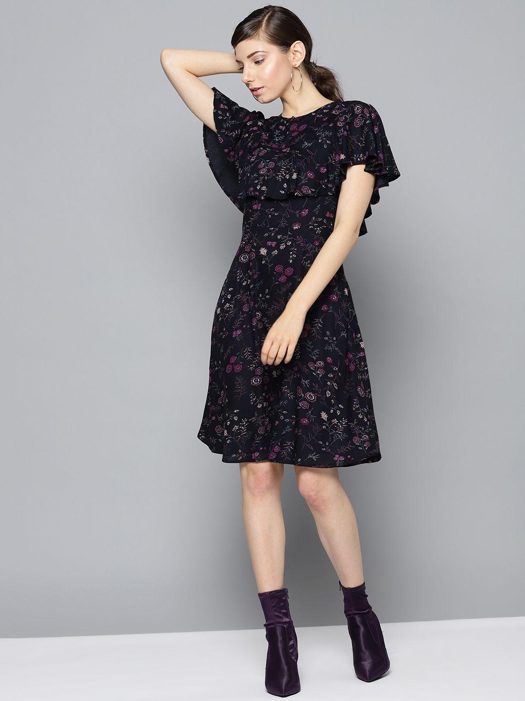 street 9 women navy blue & pink printed fit and flare dress