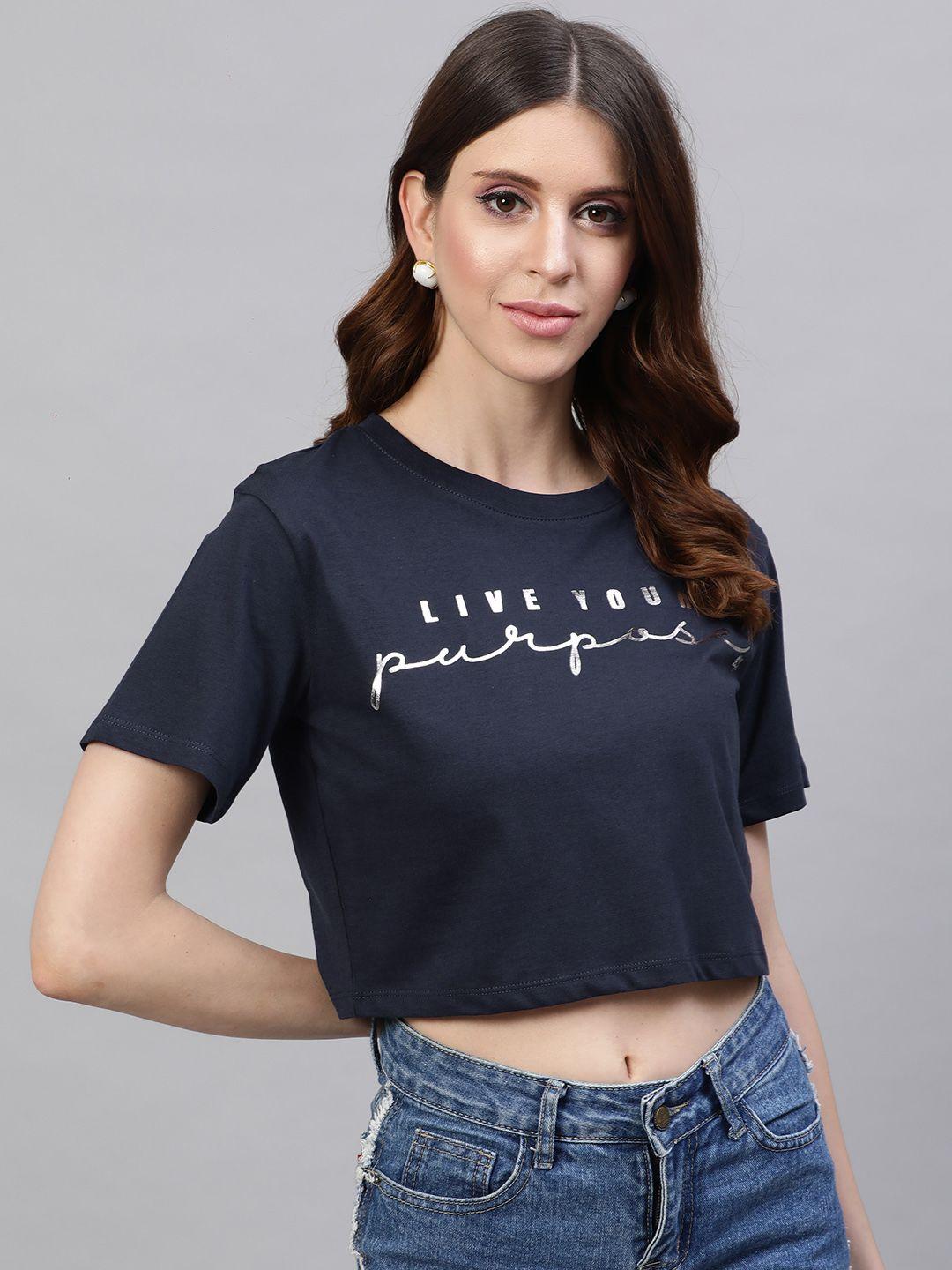 street 9 women navy blue printed round neck pure cotton crop t-shirt