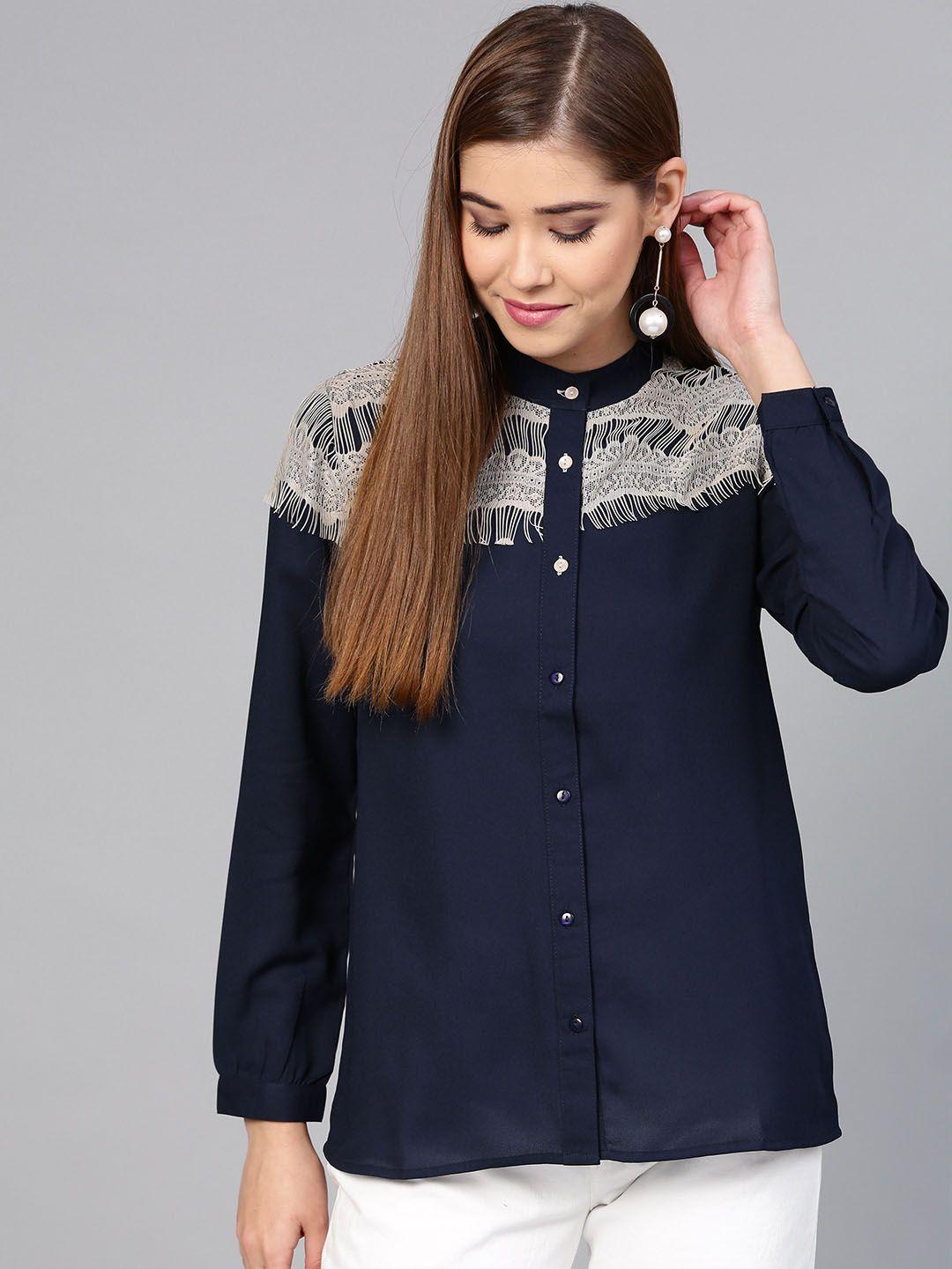 street 9 women navy blue regular fit solid casual shirt