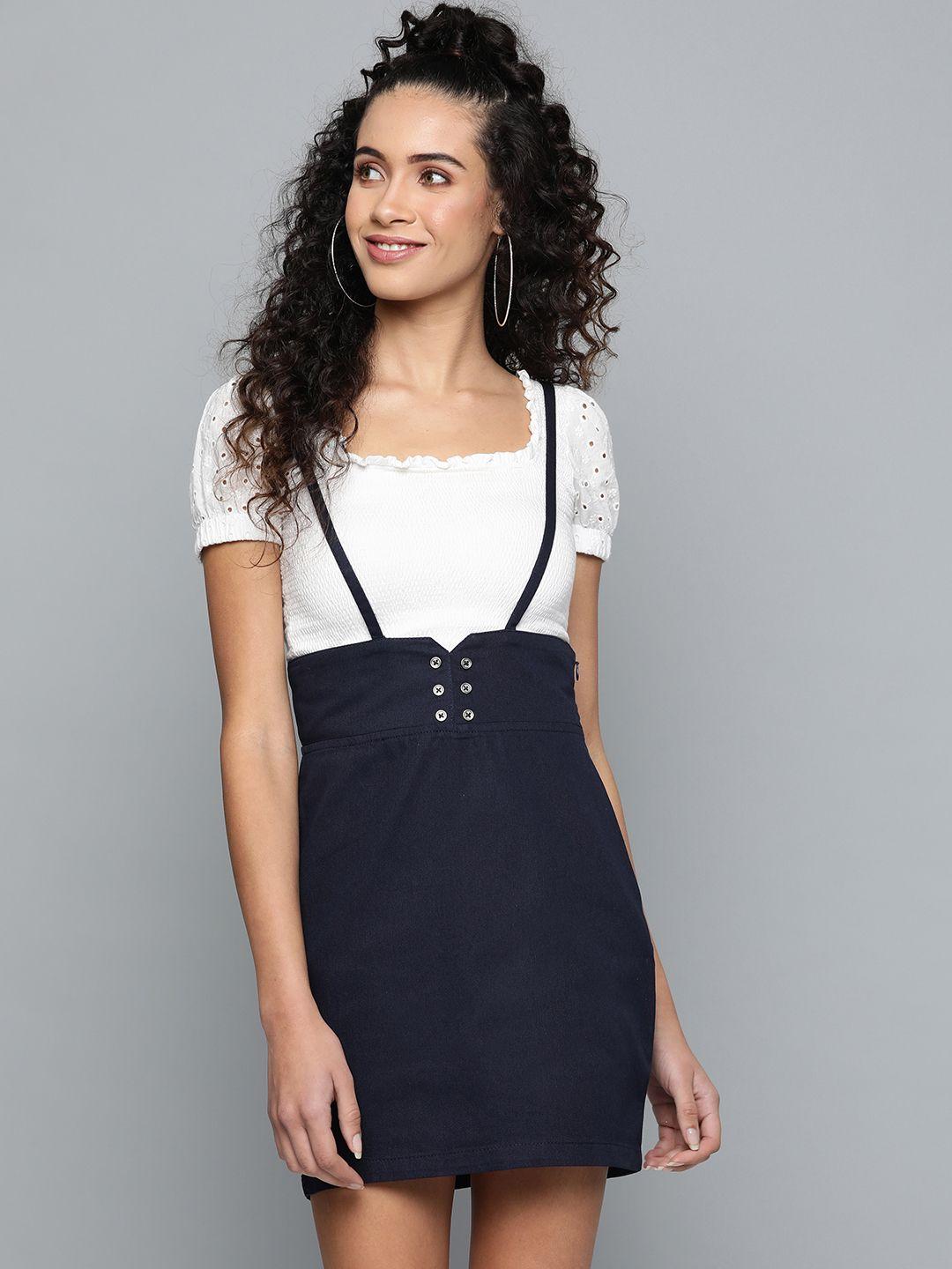 street 9 women navy blue solid a-line skirt with suspenders