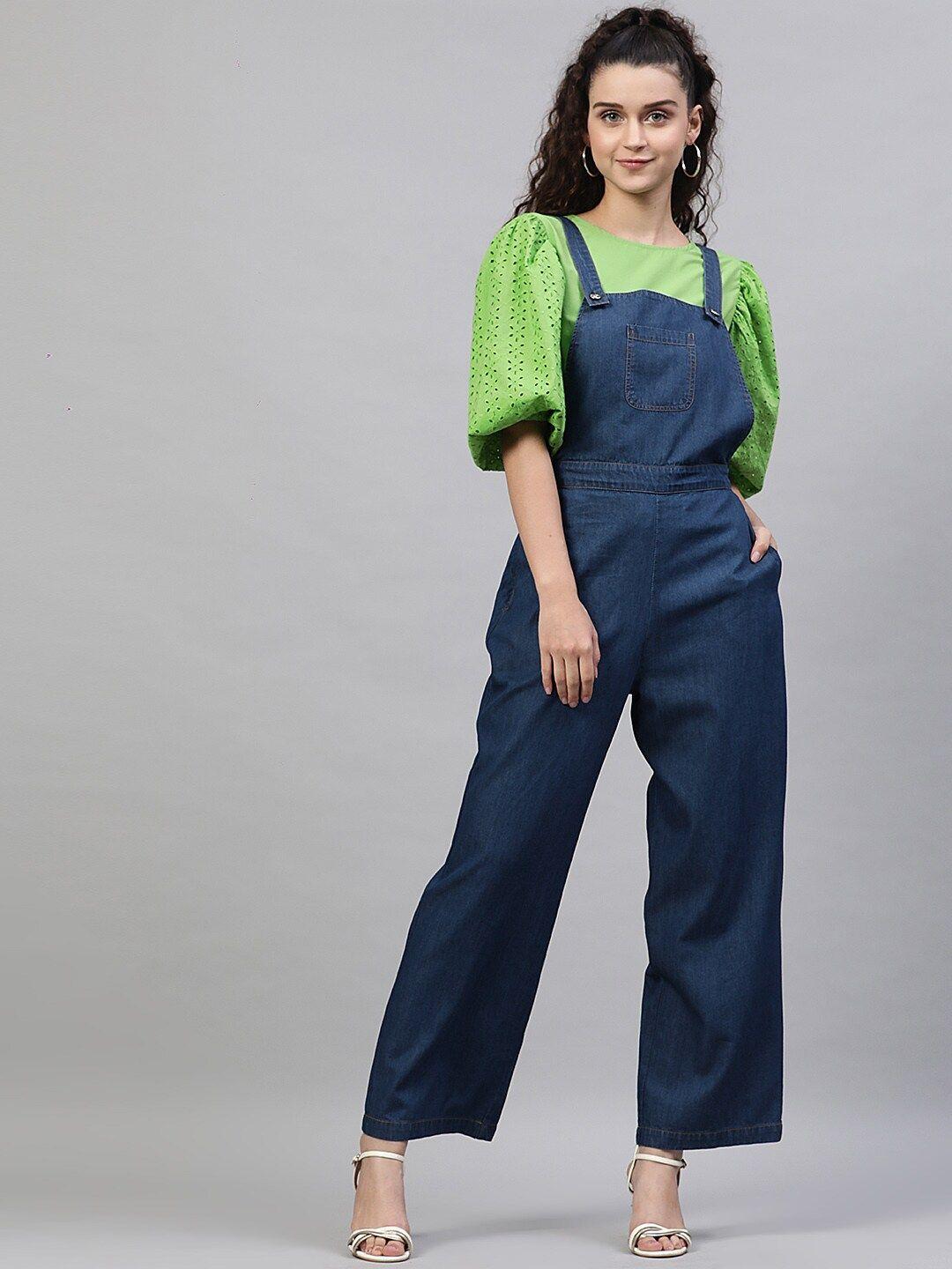 street 9 women navy blue solid cotton denim jumpsuit