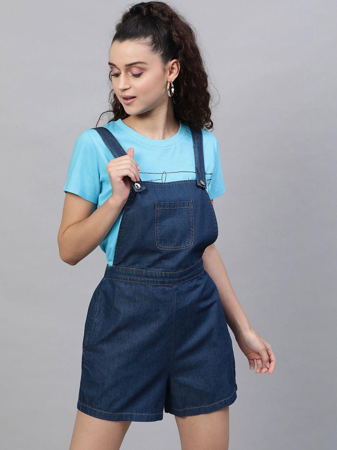 street 9 women navy-blue solid denim dungarees