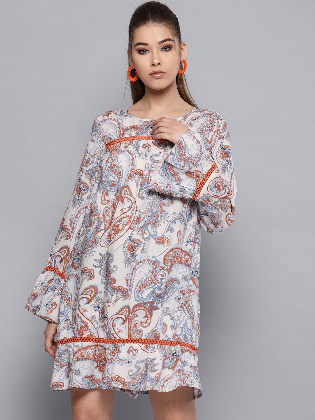 street 9 women off-white & blue printed a-line dress