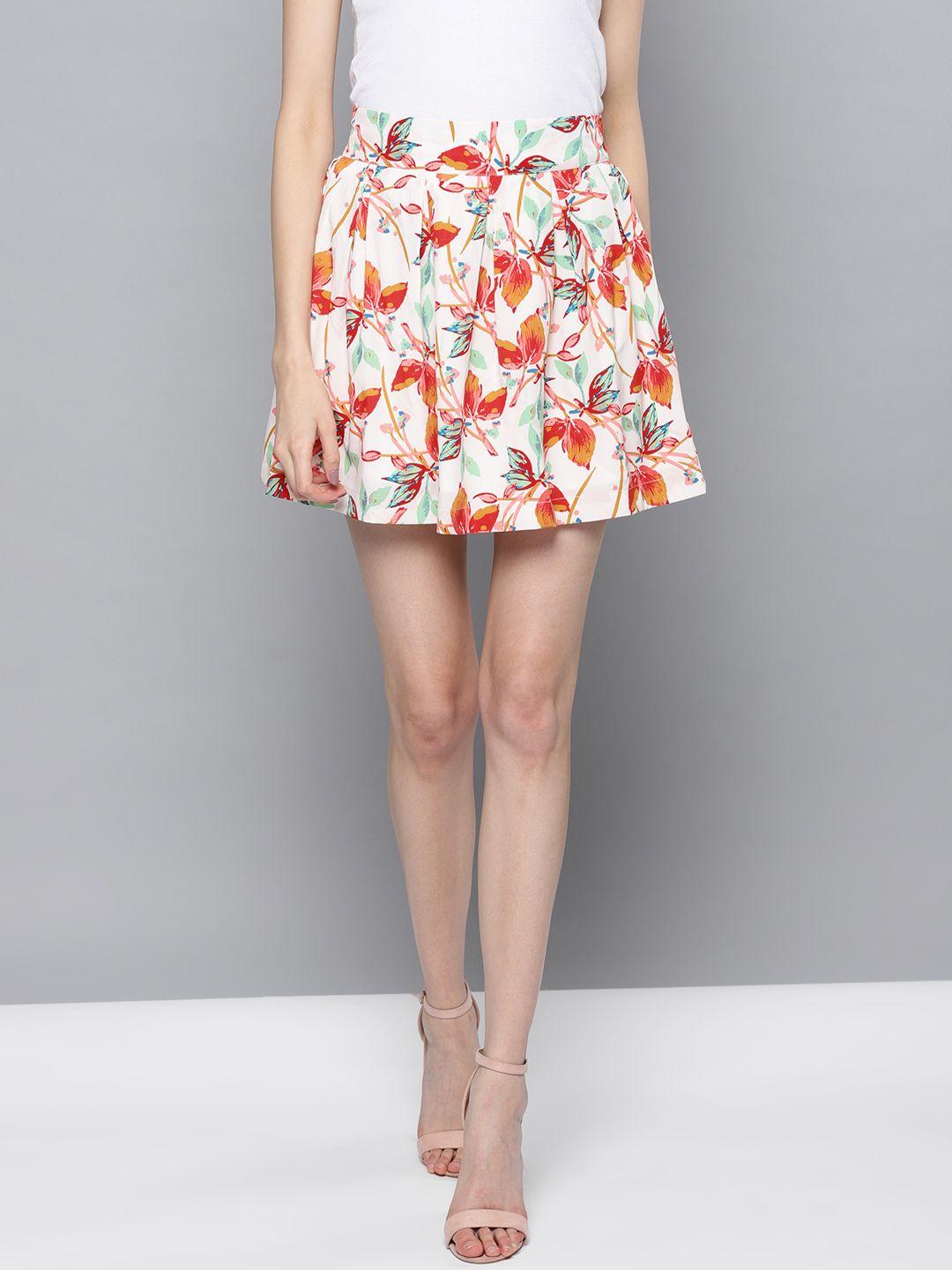 street 9 women off-white & coral red printed pleated mini a-line skirt