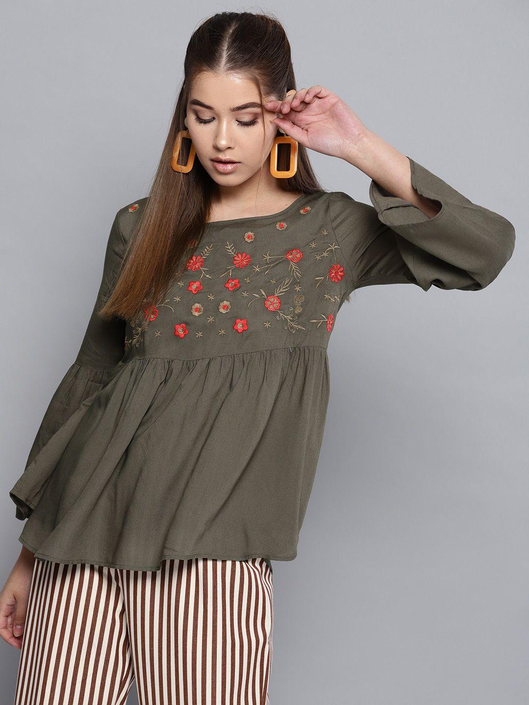 street 9 women olive green embroidered a-line top
