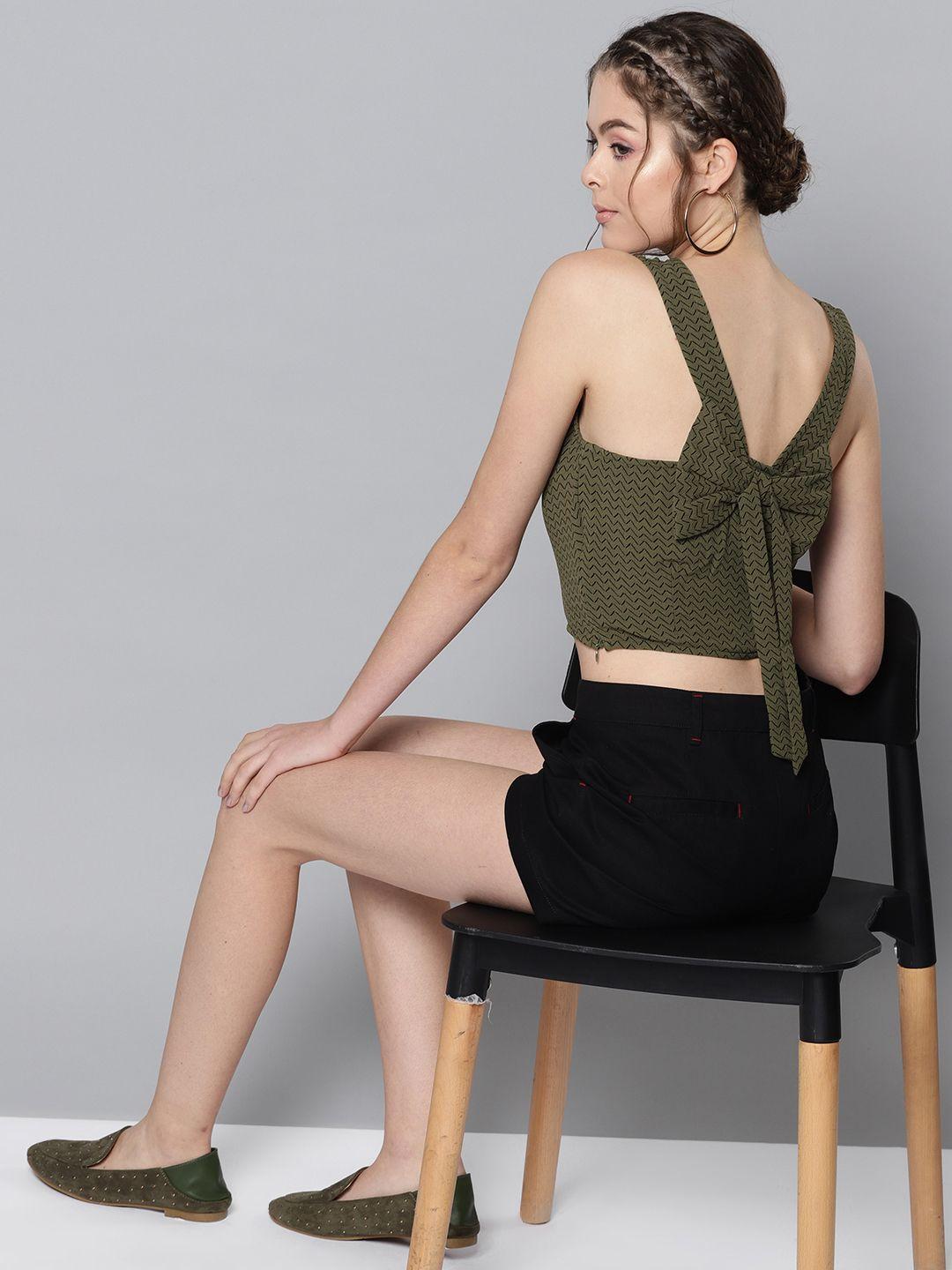 street 9 women olive green printed styled back crop top
