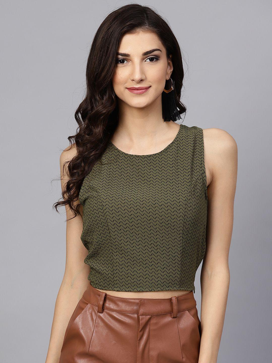 street 9 women olive green printed styled back top