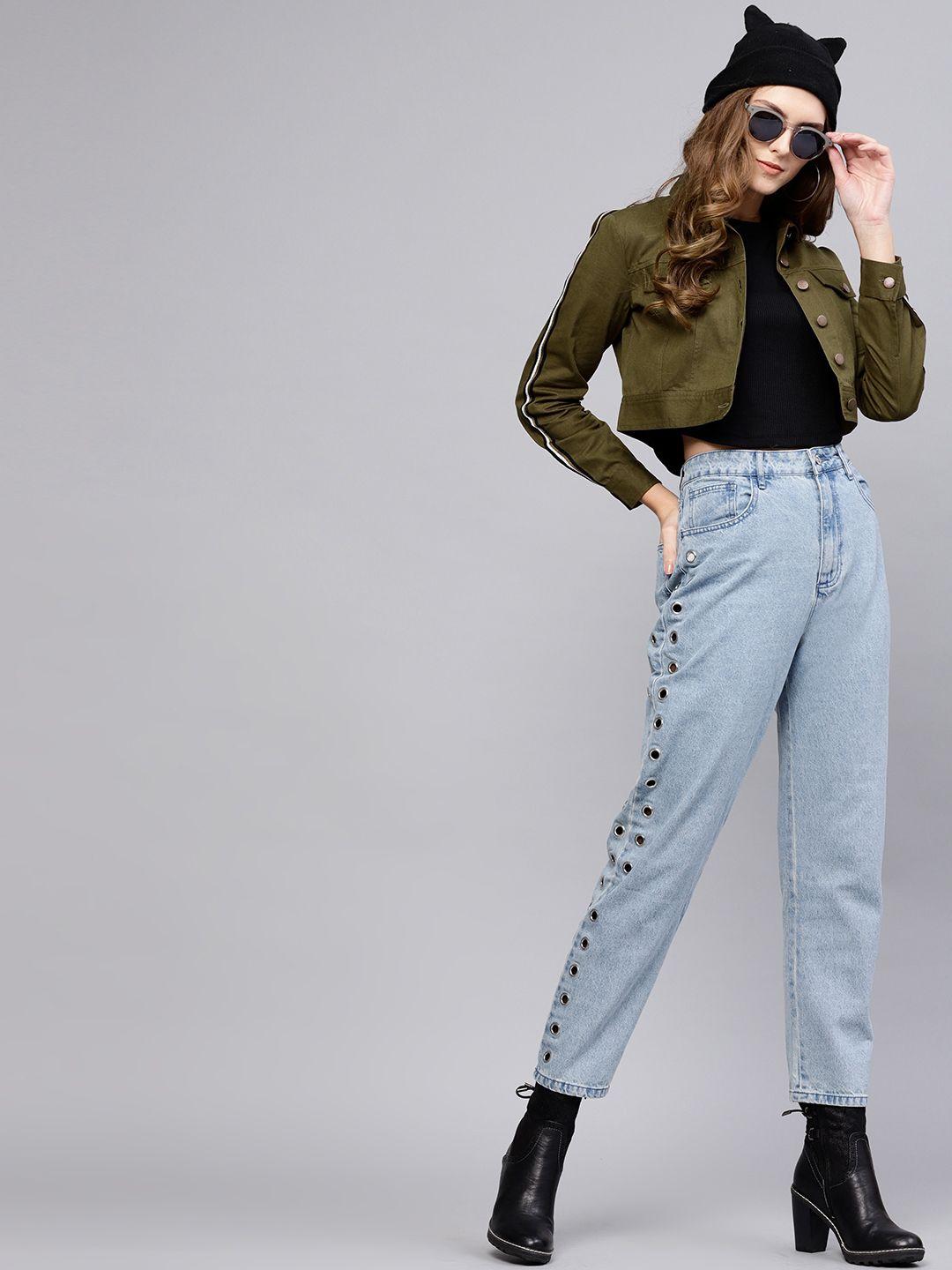 street 9 women olive green solid crop jacket