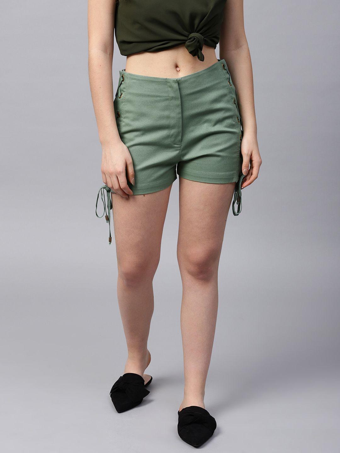 street 9 women olive green solid regular fit shorts