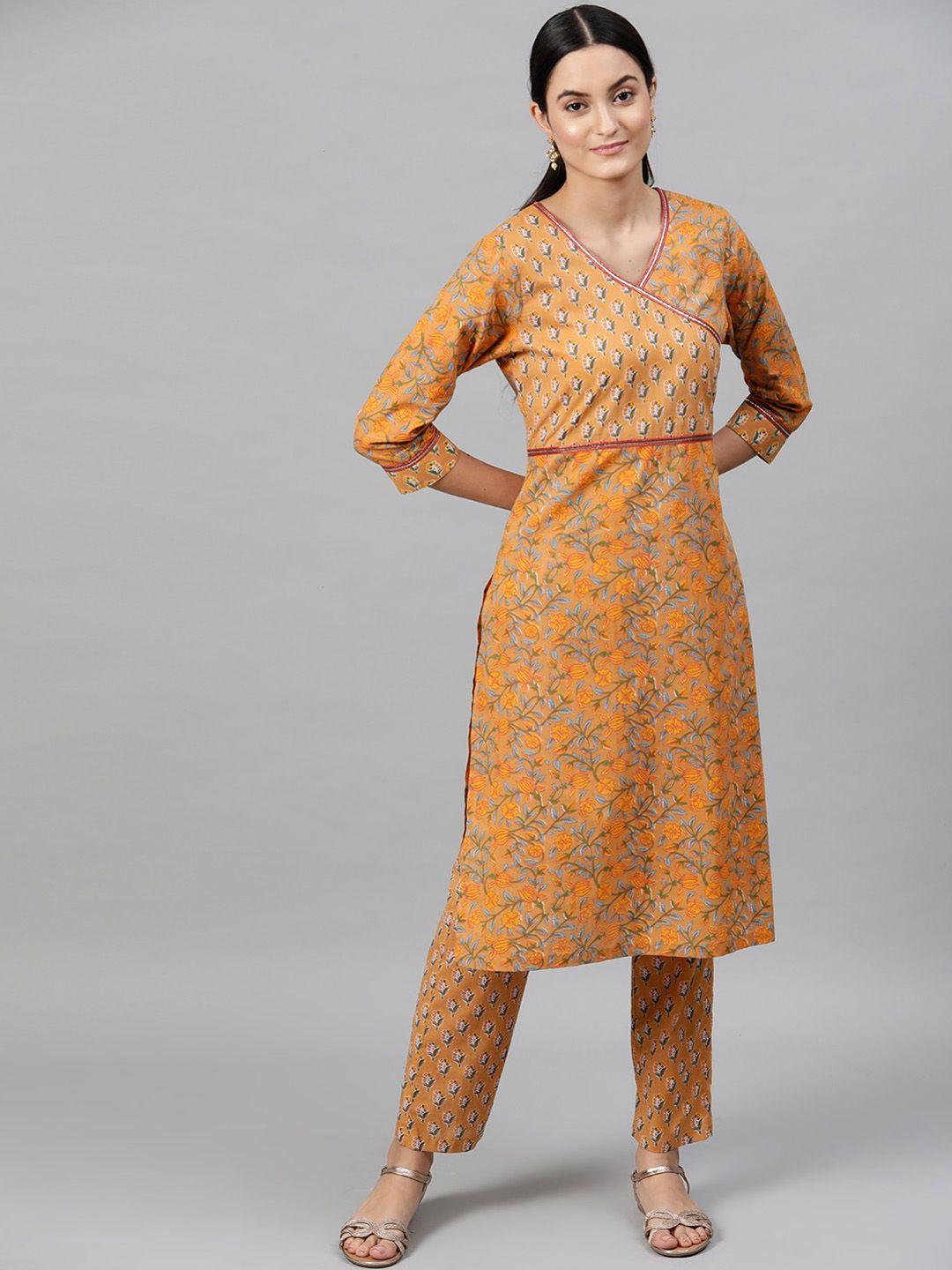 street 9 women orange printed kurta with trousers