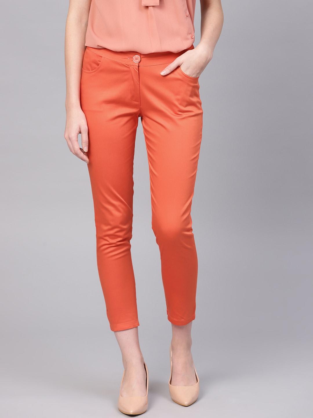 street 9 women orange solid regular fit cropped trousers