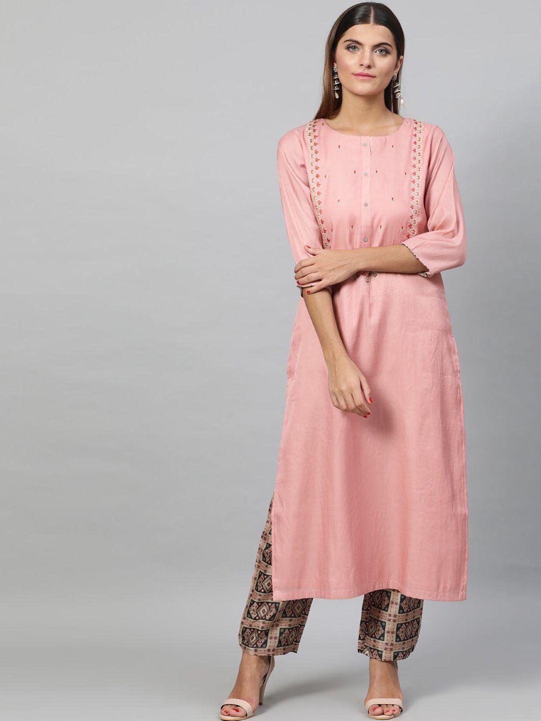 street 9 women peach-coloured & beige embroidered kurta with trousers