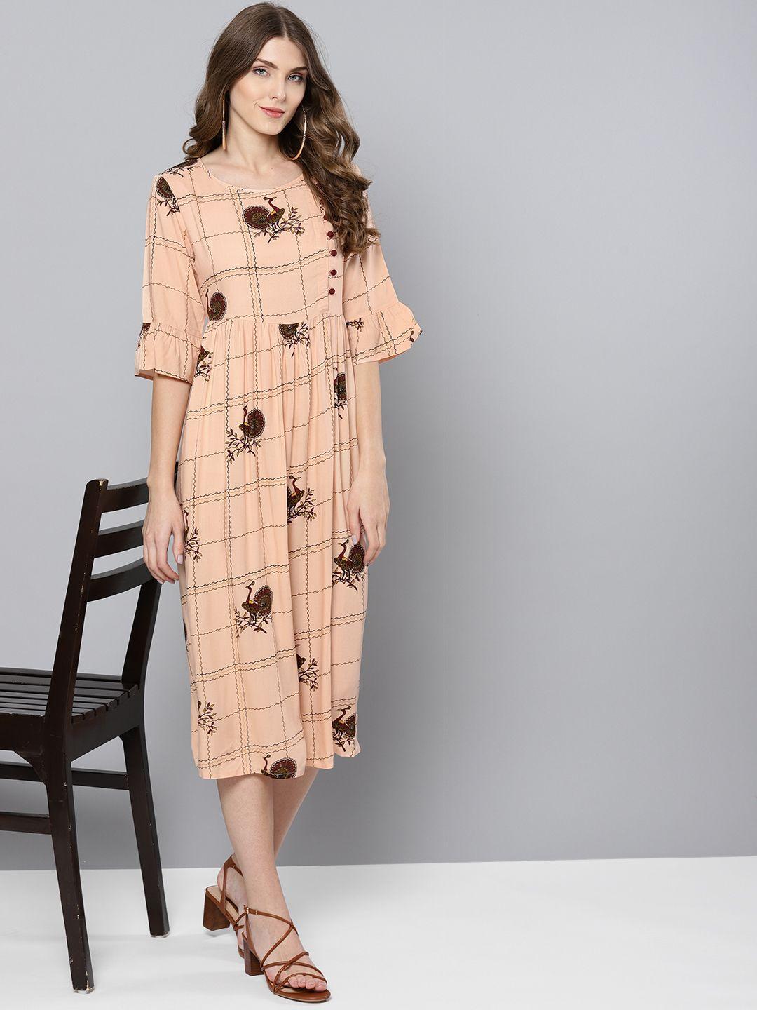 street 9 women peach-coloured & maroon printed maxi dress