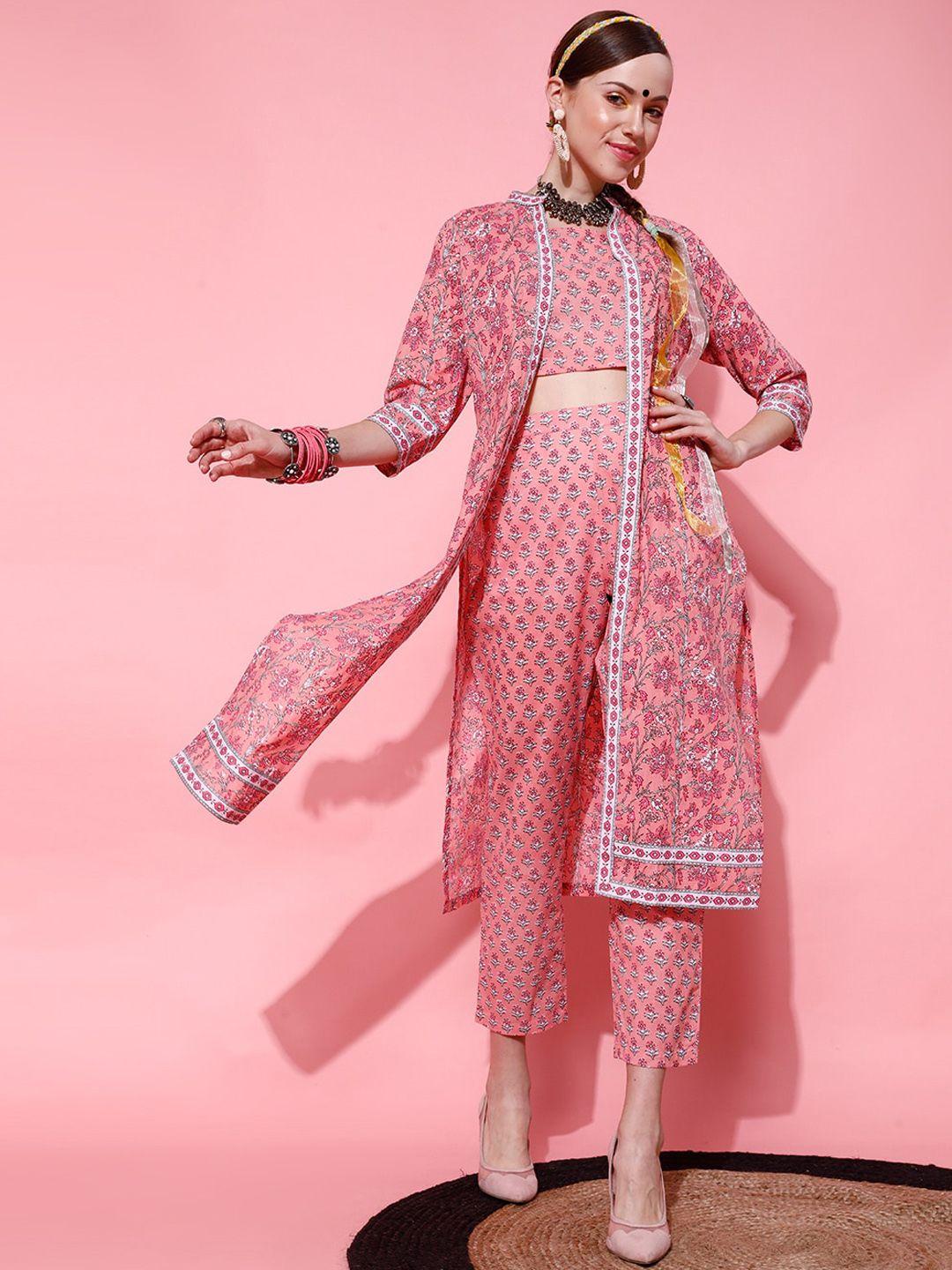 street 9 women peach-coloured & white printed pure cotton ethnic co-ords