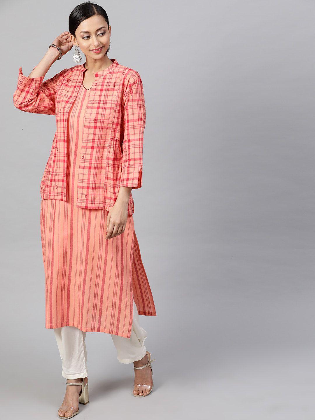 street 9 women peach-coloured checked kurta with jacket