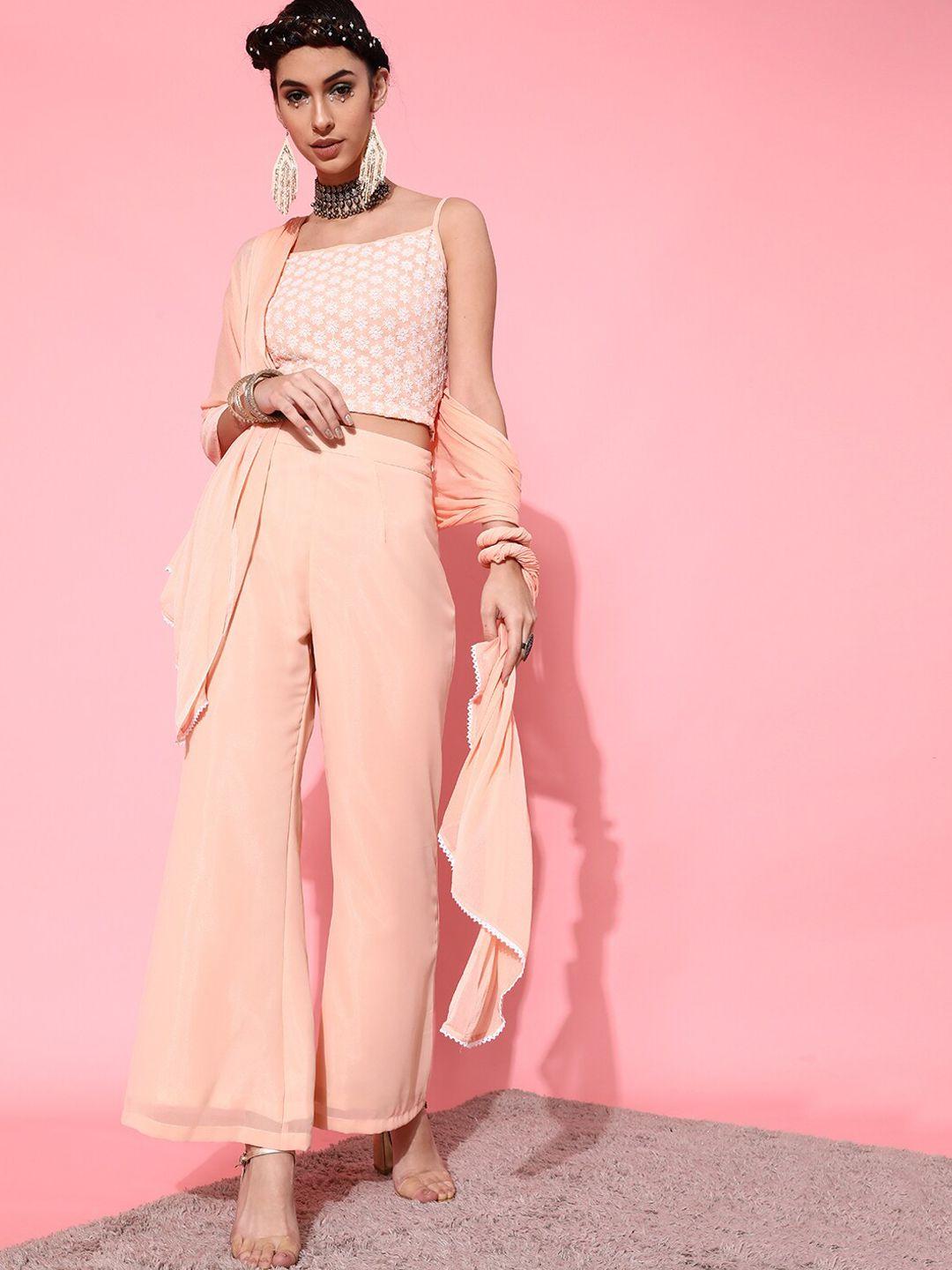 street 9 women peach-coloured embroidered top with trousers and dupatta