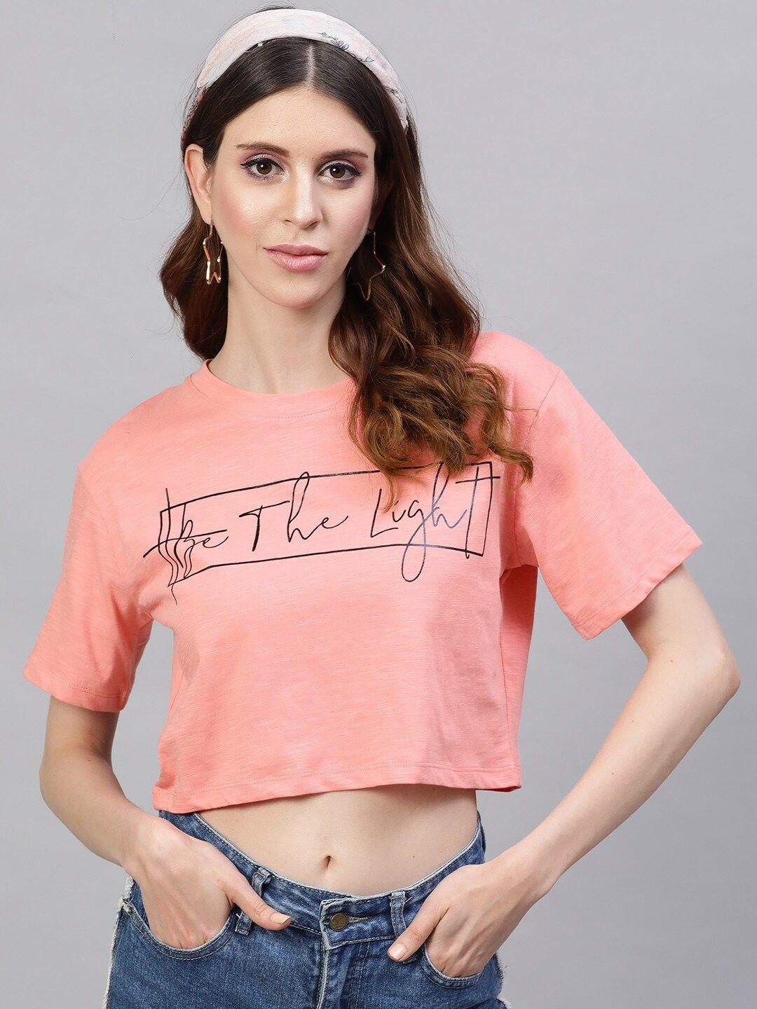 street 9 women peach-coloured printed round neck pure cotton crop pure cotton t-shirt