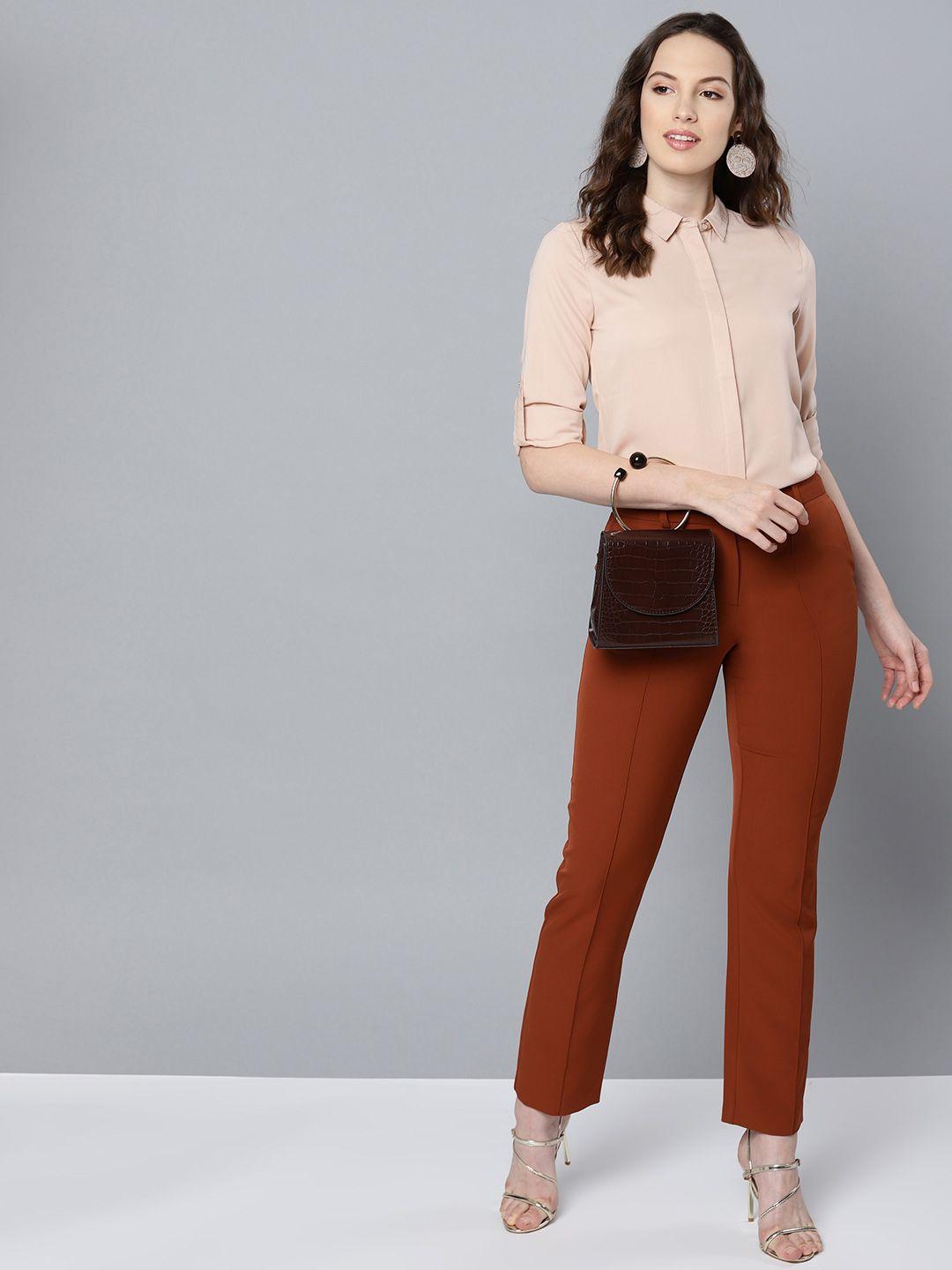 street 9 women peach-coloured regular fit solid casual shirt