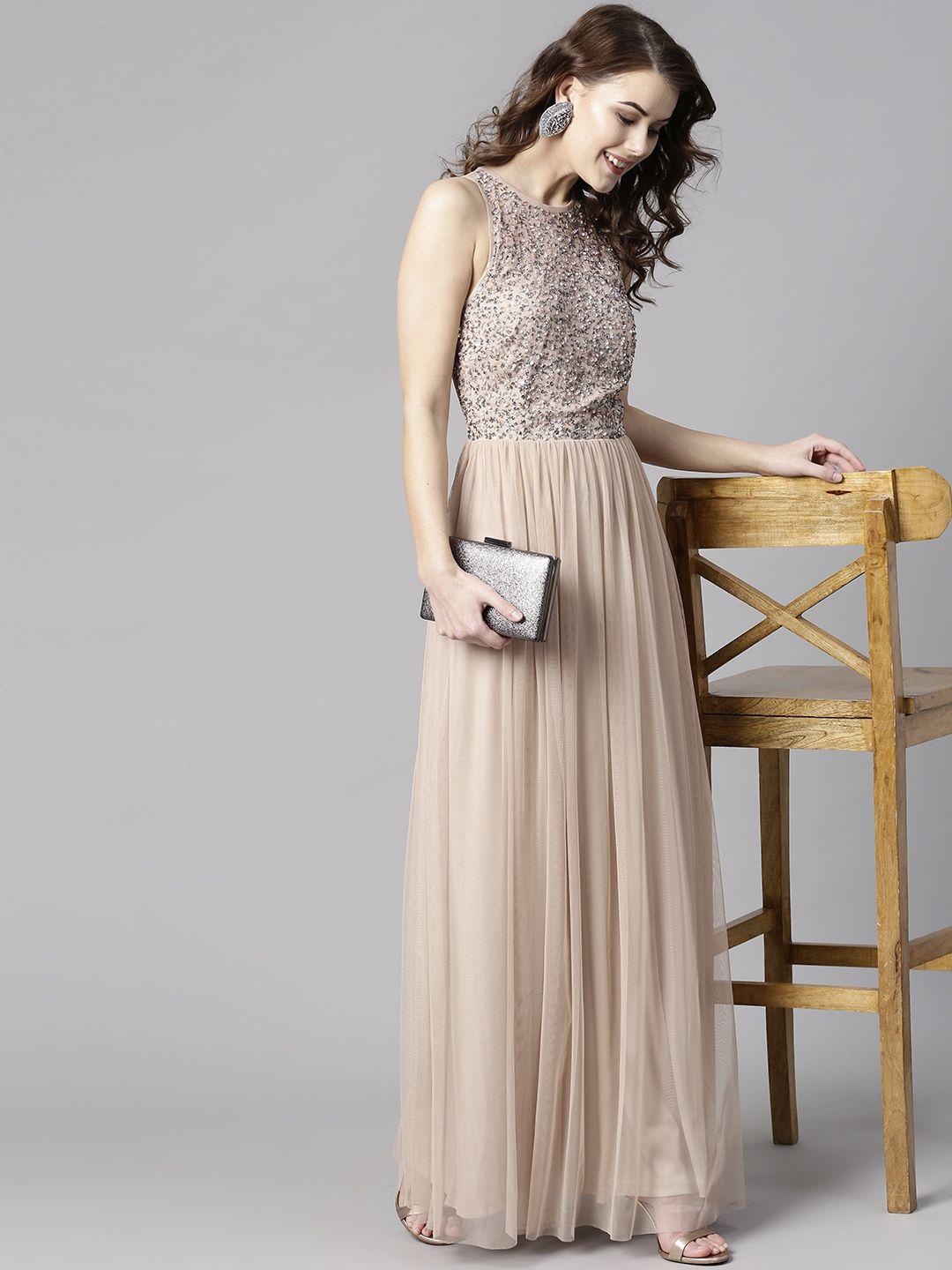 street 9 women peach-coloured solid maxi dress with sequinned detail